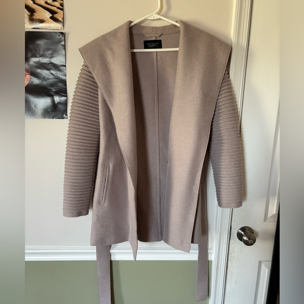 Sentaler Alpaca Wool Wrap Coat Beige Belted Ribbed Sleeve Small